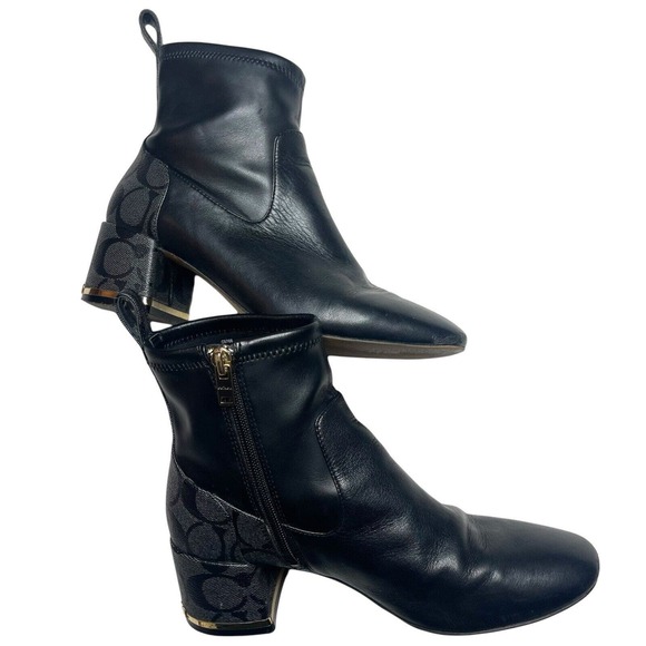 Coach Nala Bootie Leather Monogram Black Chunky Heel Side Zip Ankle Boot 6 - Picture 10 of 16